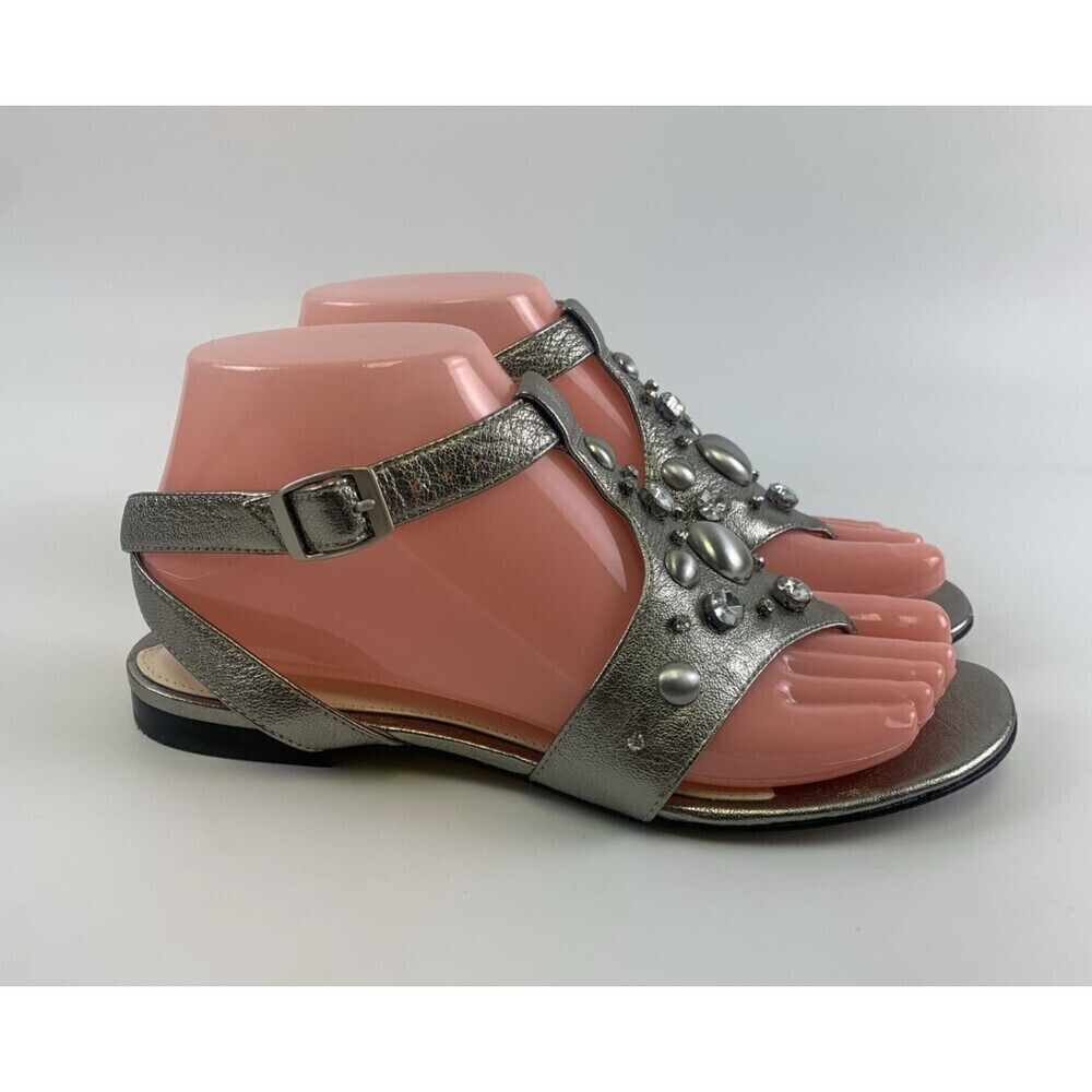 Via Spiga Silver Metallic Sandal Buckle Beaded Rhinestone Ankle Strap Womens 6.5